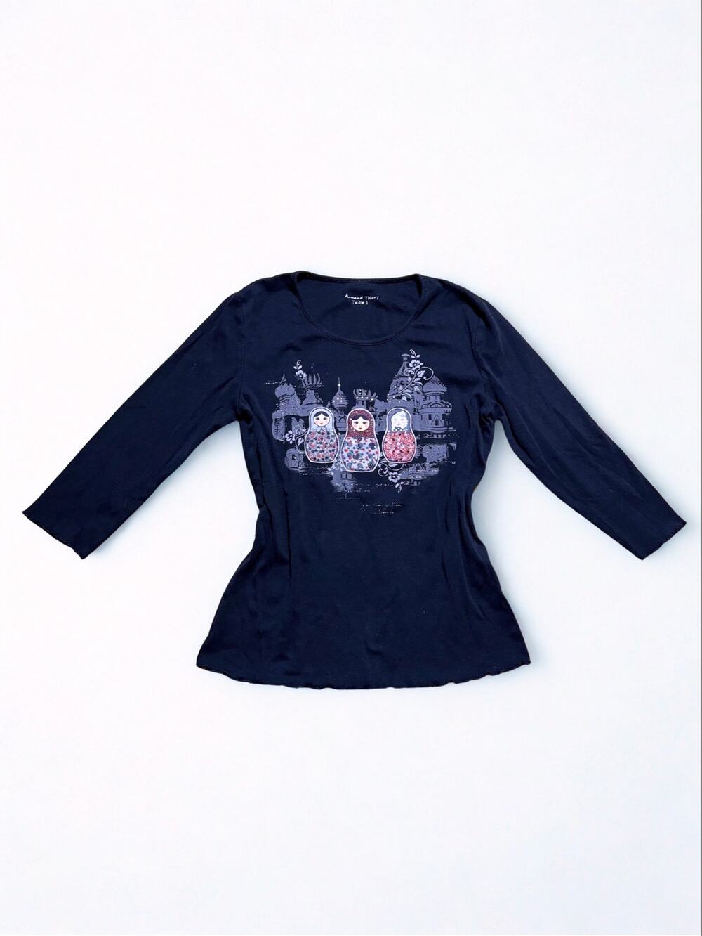 Vtg Y2K Armand Thiery Black Russian Nesting Doll Print Fitted Graphic Tee